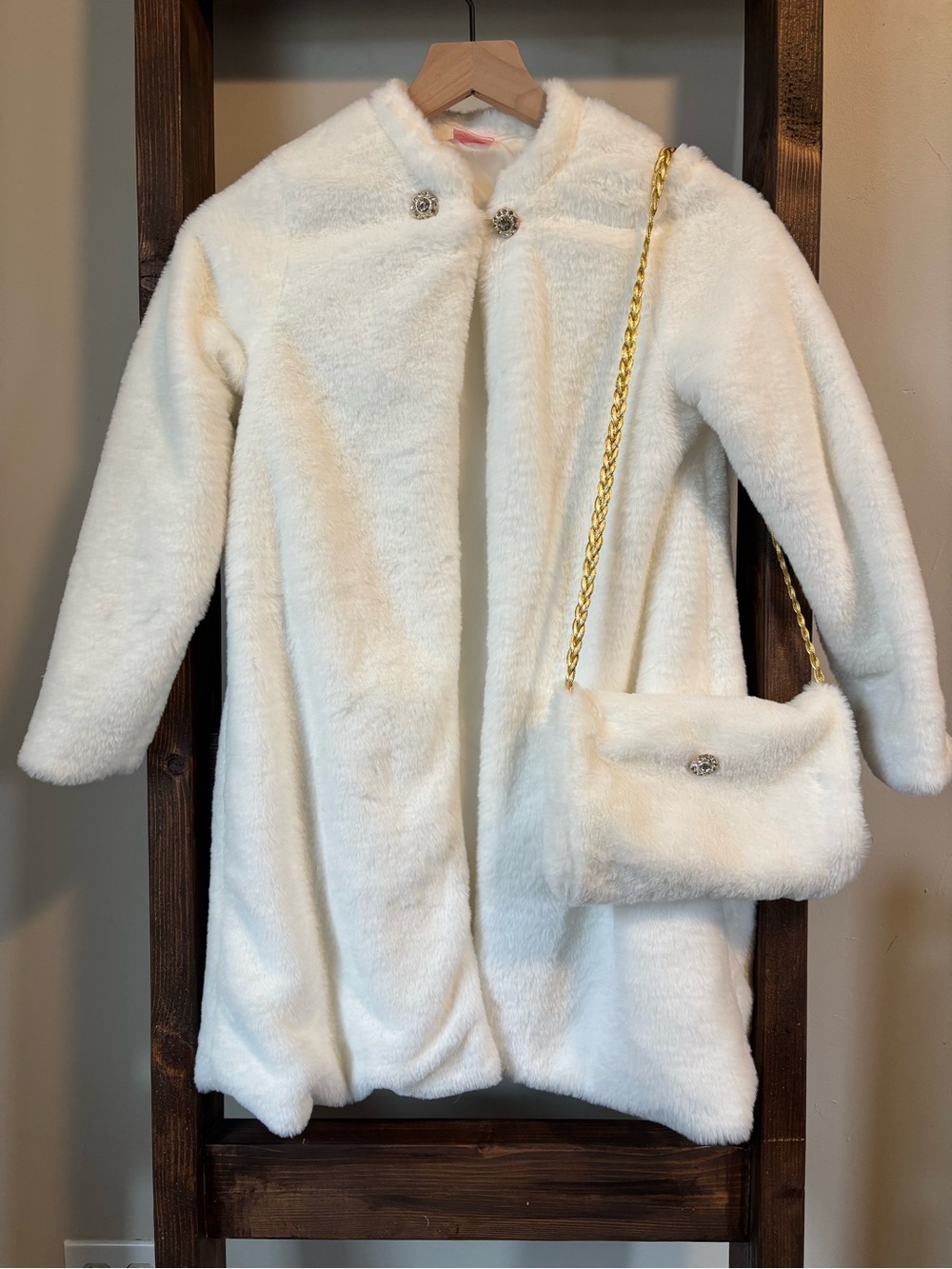 Girls' Elegant White Faux-Fur Coat with Matching Hand Muff